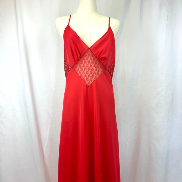 Vintage Stardust Cherry Red Long Maxi Slip Dress Gown Sheer Lace Mesh Low Back M - Picture 3 of 11